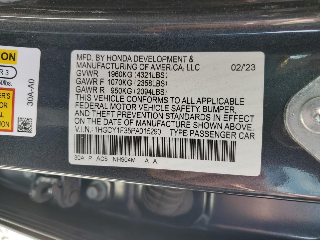 1HGCY1F35PA015290 HONDA ACCORD 2023