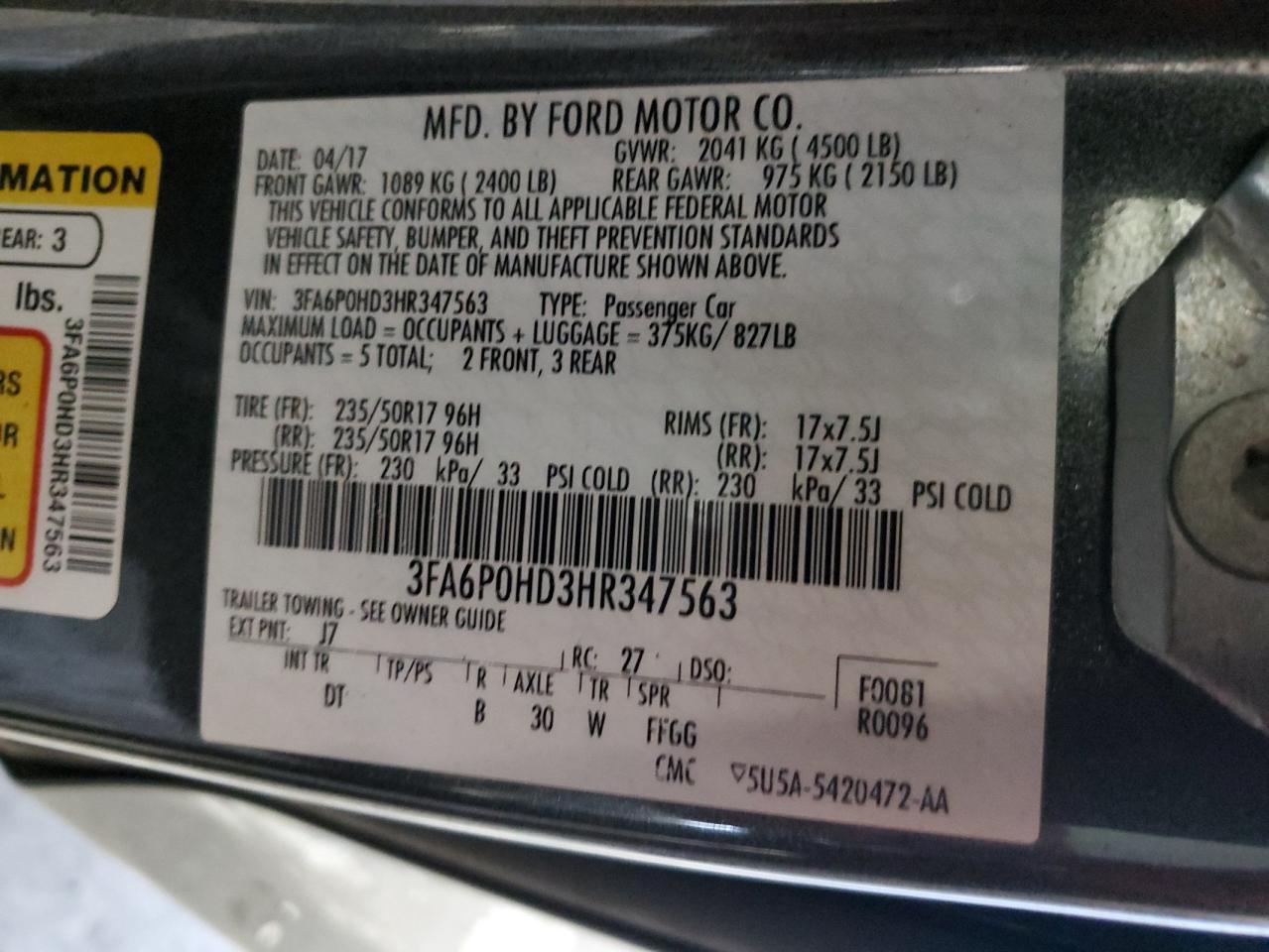 3FA6P0HD3HR347563 FORD FUSION 2017