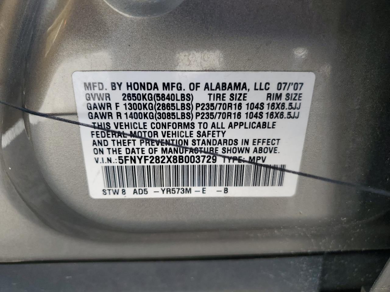 5FNYF282X8B003729 2008 Honda Pilot Vp