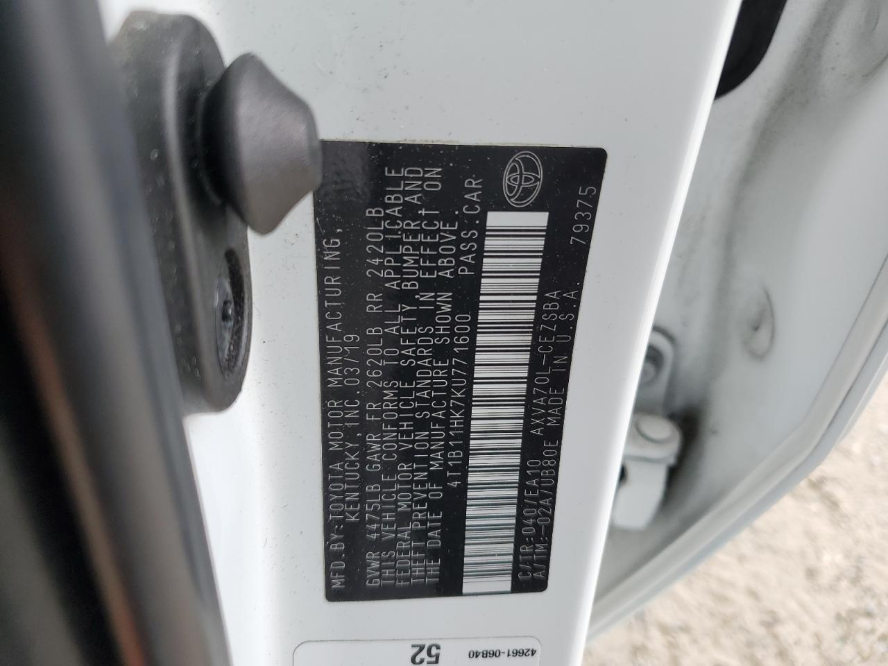 4T1B11HK7KU771600 TOYOTA CAMRY 2019