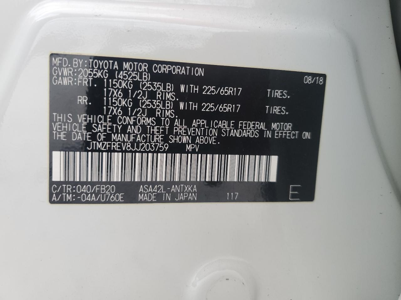 JTMZFREV8JJ203759 TOYOTA RAV4 2018
