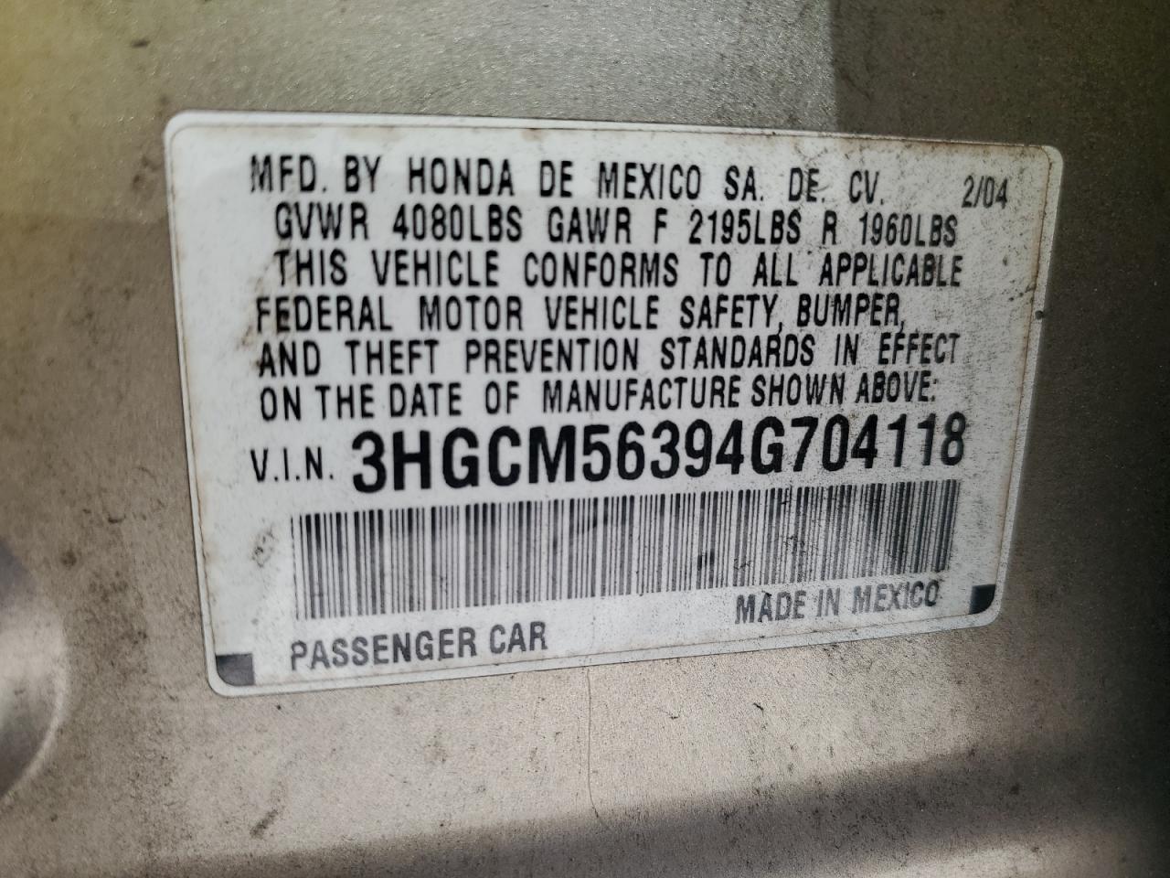 3HGCM56394G704118 2004 Honda Accord Lx