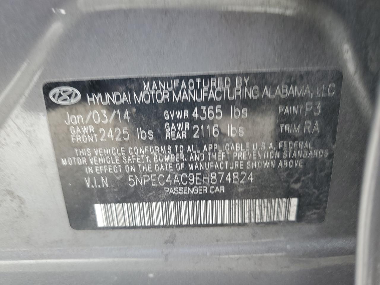 5NPEC4AC9EH874824 2014 Hyundai Sonata Se