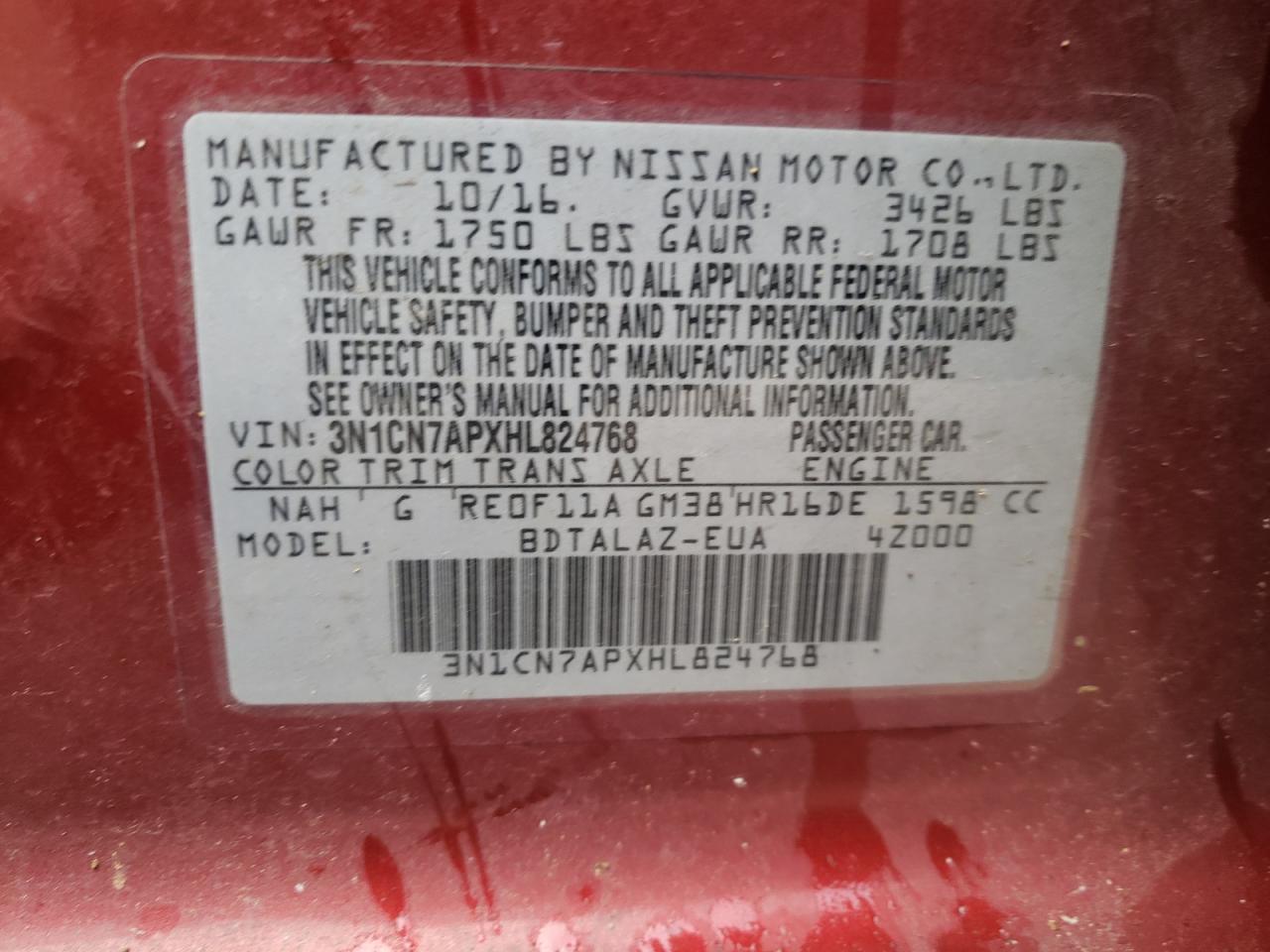 3N1CN7APXHL824768 2017 Nissan Versa S