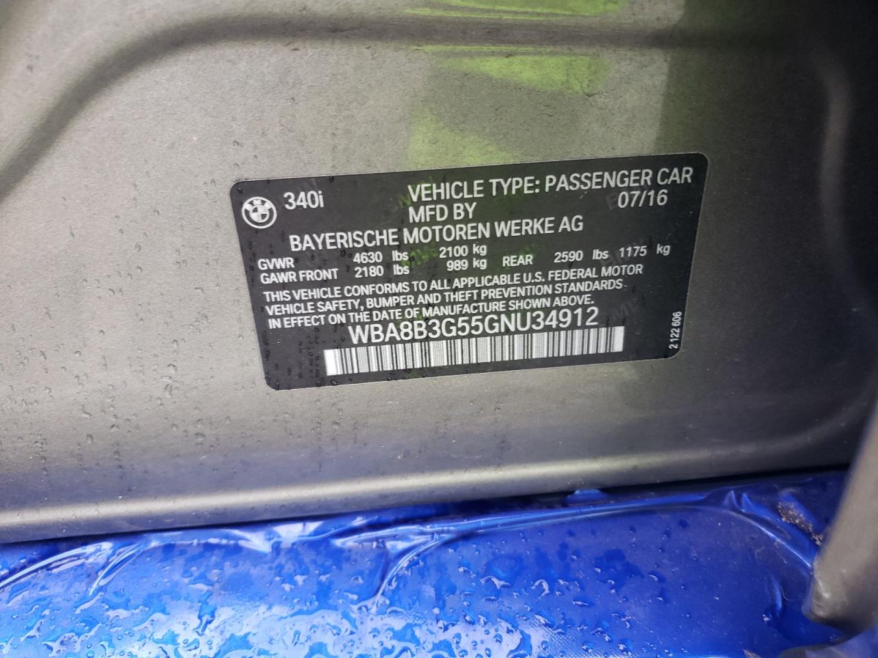 WBA8B3G55GNU34912 2016 BMW 340 I