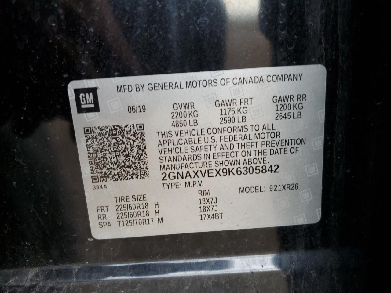 2GNAXVEX9K6305842 CHEVROLET EQUINOX 2019