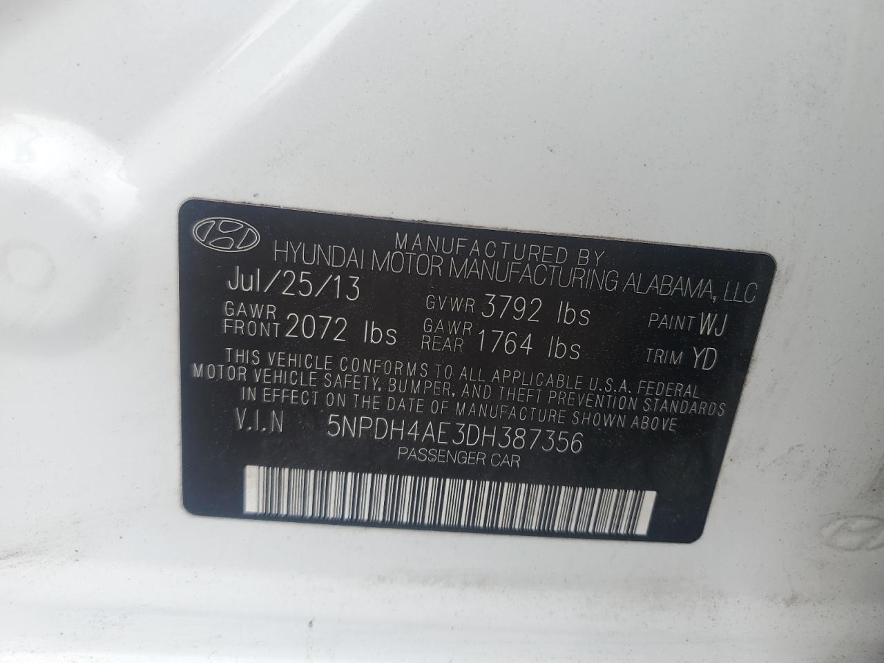 5NPDH4AE3DH387356 2013 Hyundai Elantra Gls