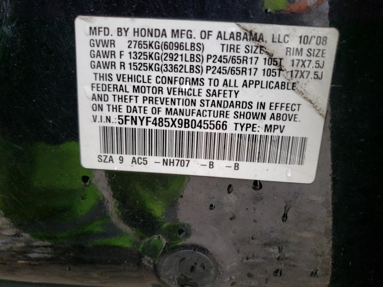 5FNYF485X9B045566 2009 Honda Pilot Exl