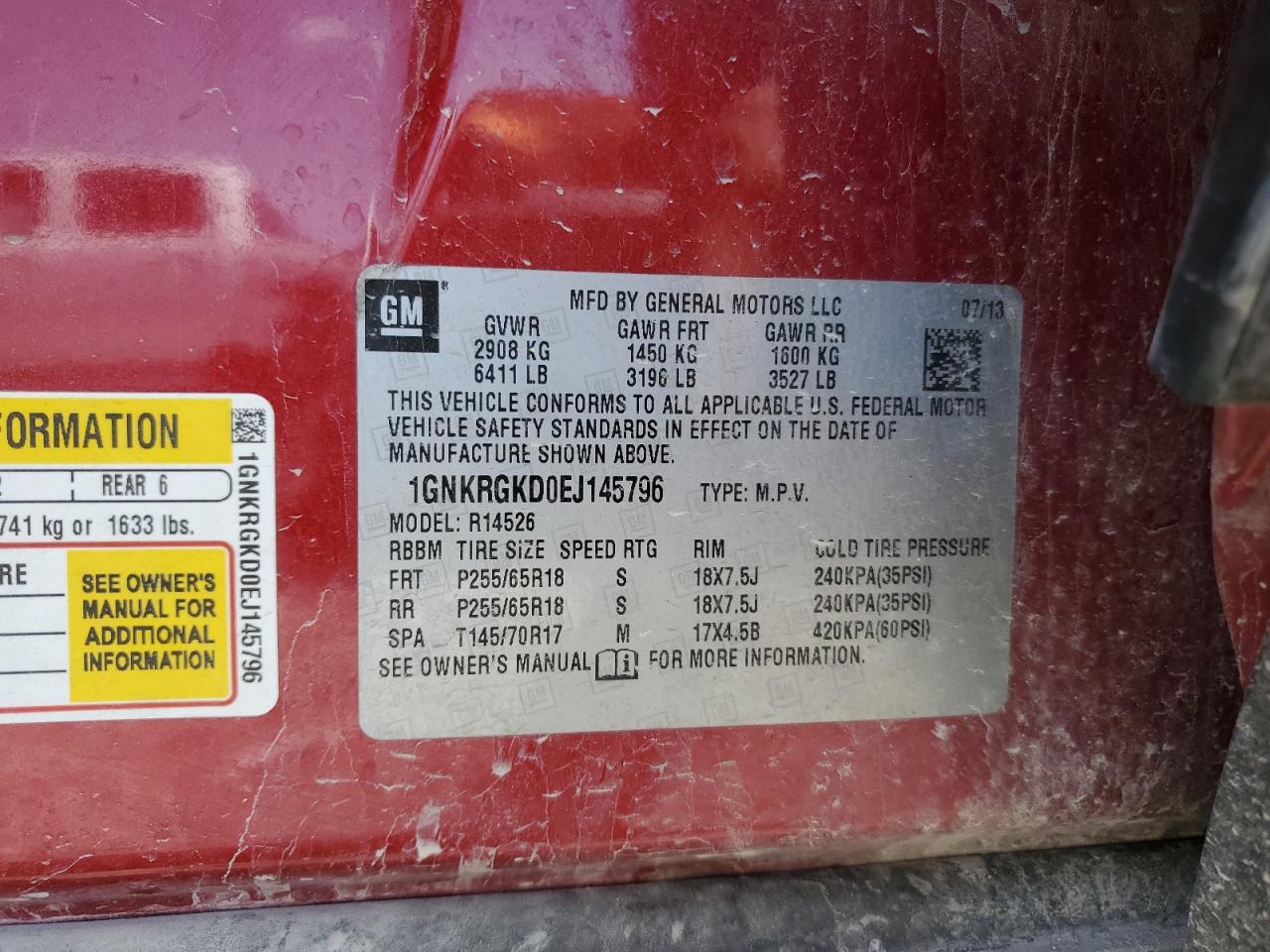 1GNKRGKD0EJ145796 2014 Chevrolet Traverse Lt