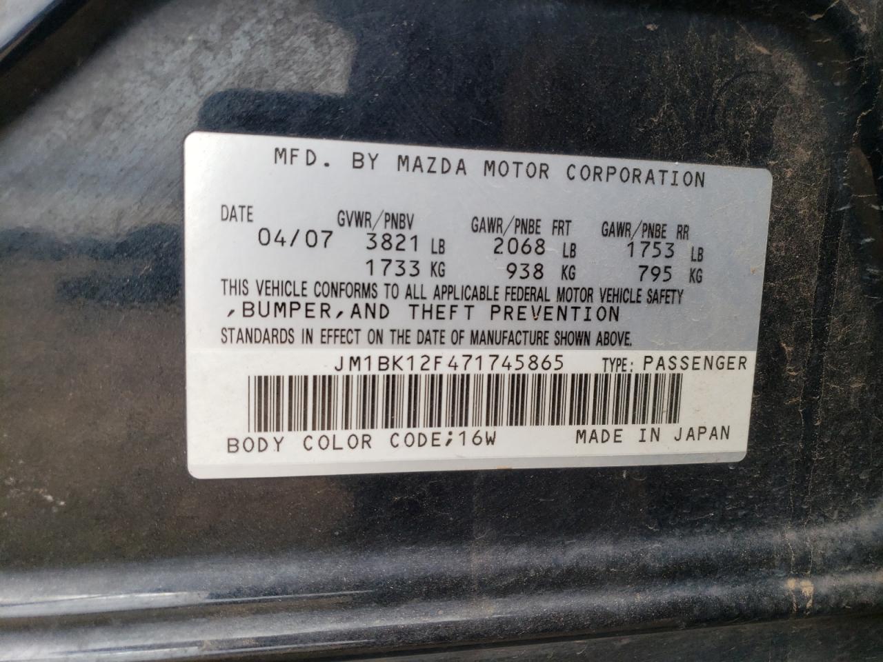 JM1BK12F471745865 2007 Mazda 3 I