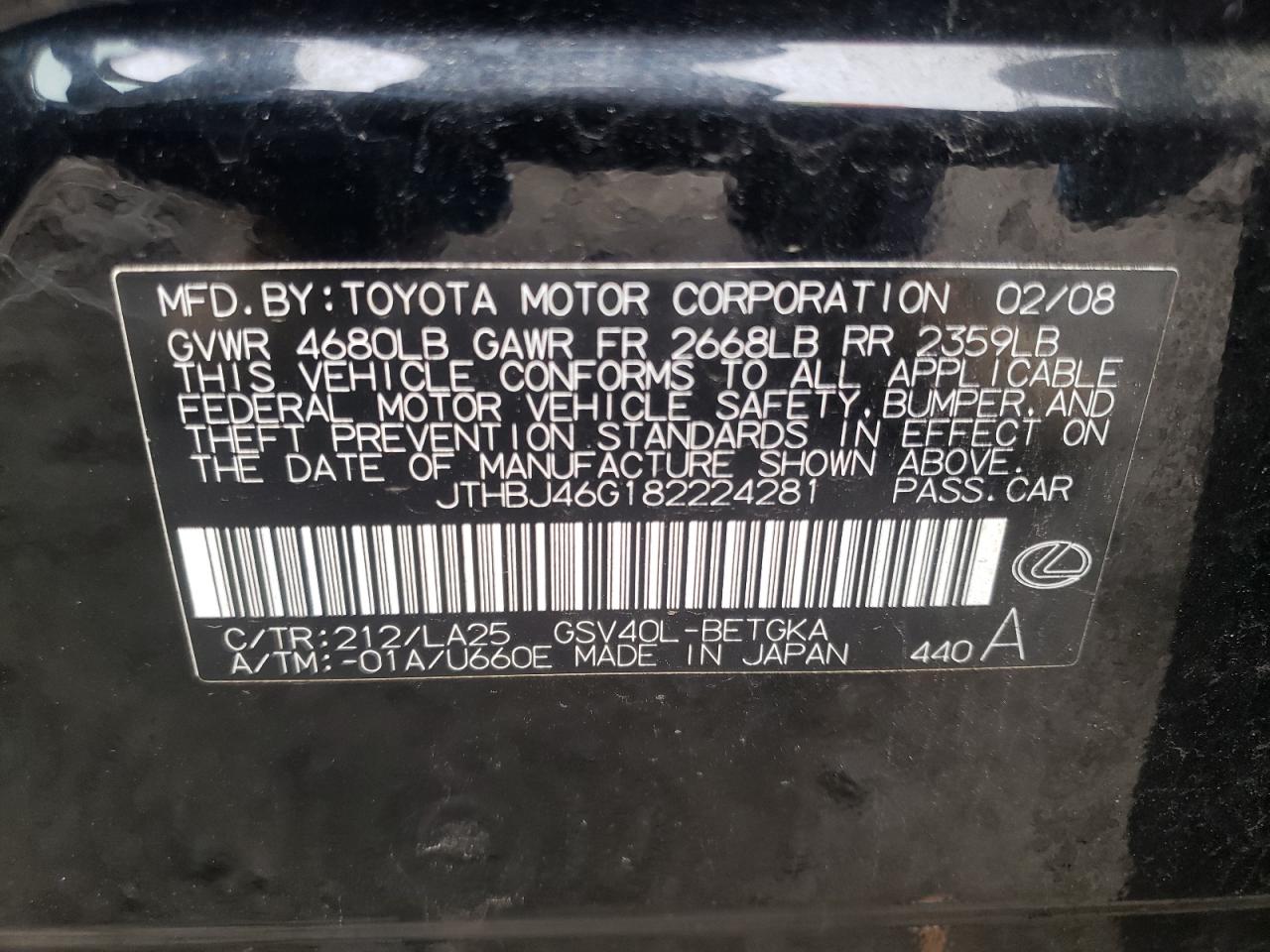 JTHBJ46G182224281 2008 Lexus Es 350