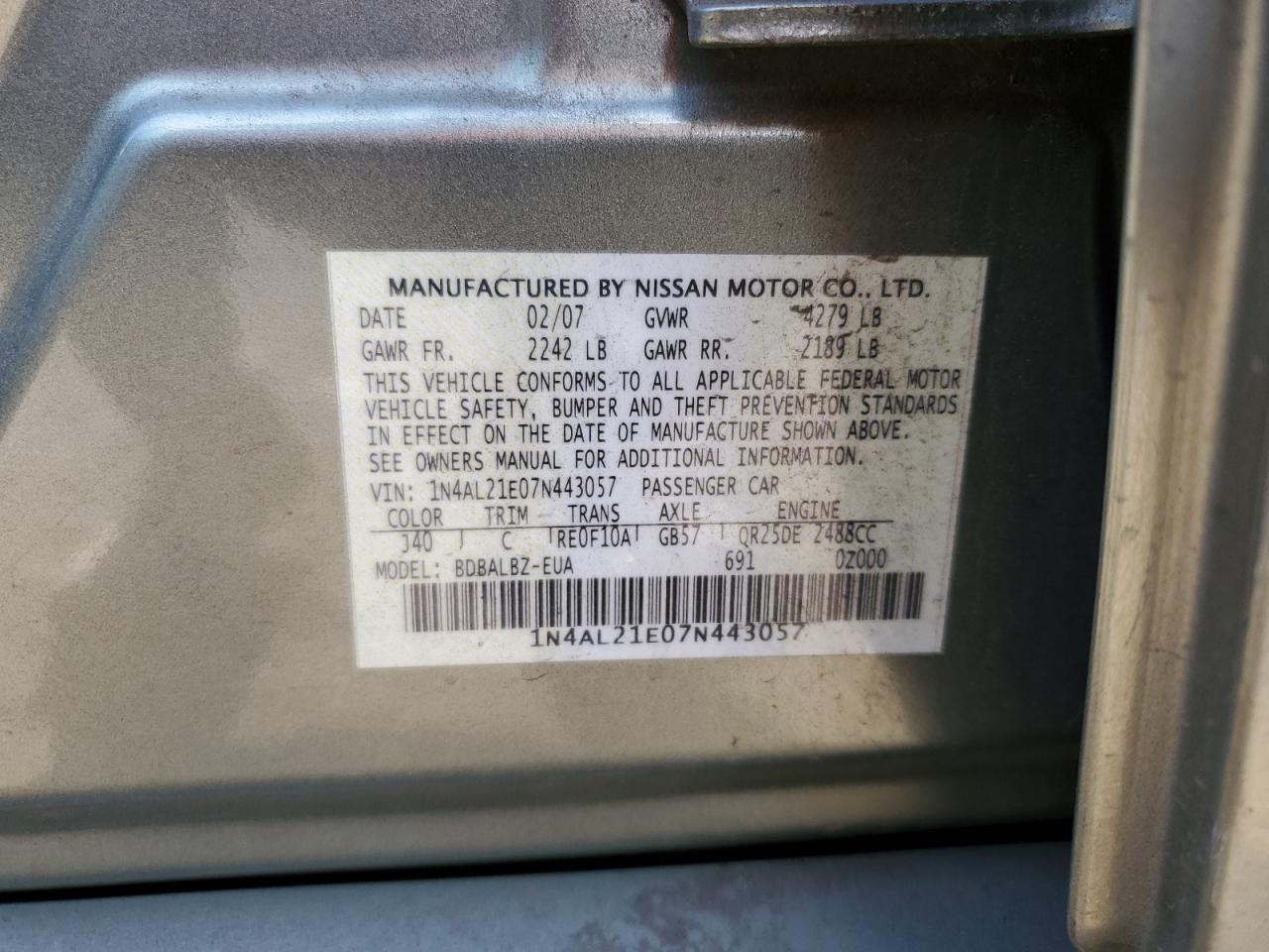 1N4AL21E07N443057 2007 Nissan Altima 2.5