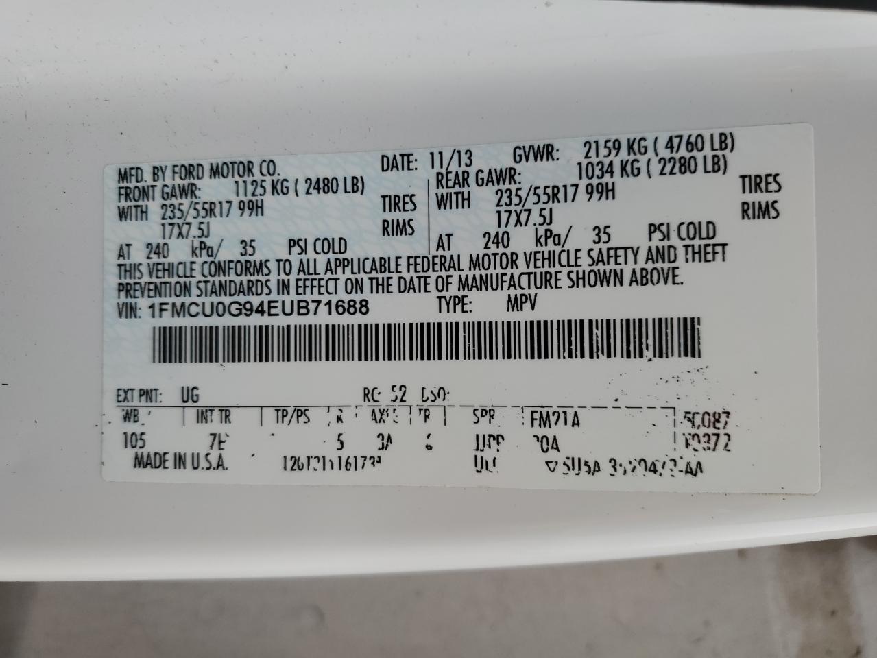 1FMCU0G94EUB71688 2014 Ford Escape Se