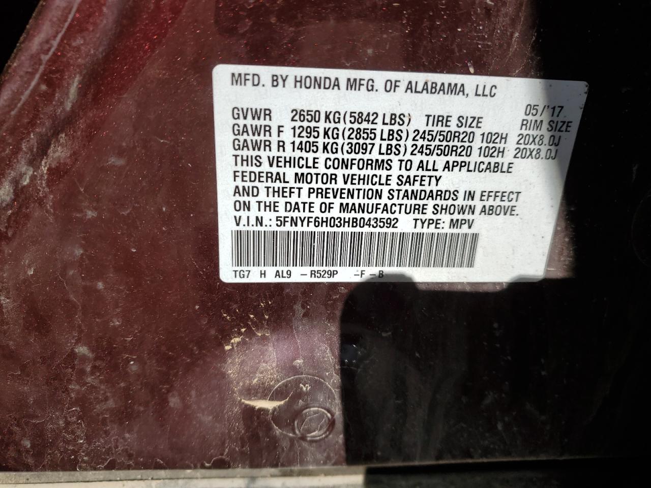 5FNYF6H03HB043592 HONDA PILOT 2017