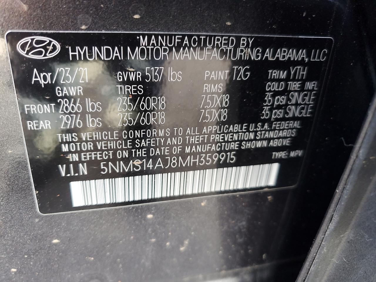5NMS14AJ8MH359915 2021 Hyundai Santa Fe Se