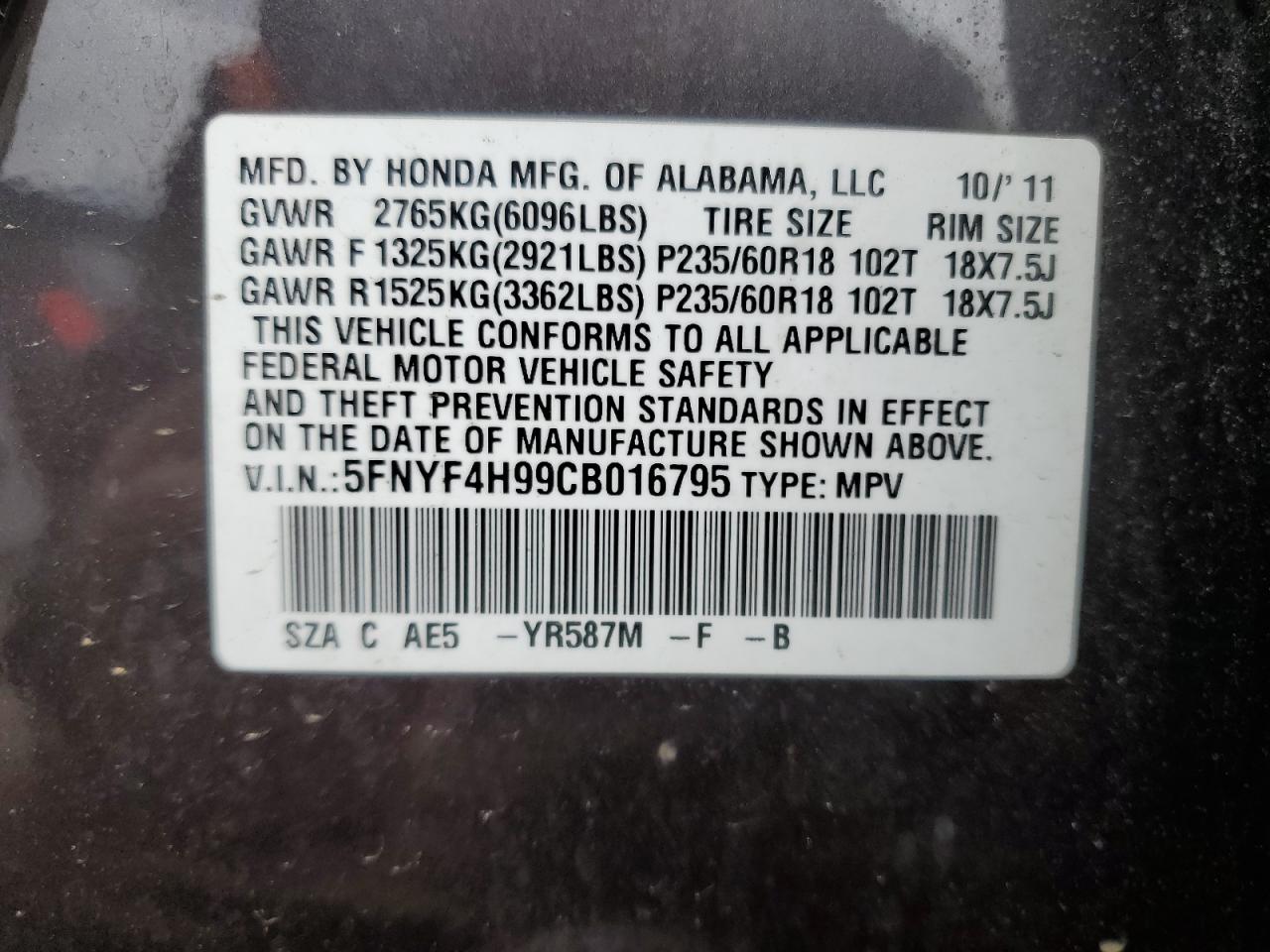 5FNYF4H99CB016795 2012 Honda Pilot Touring