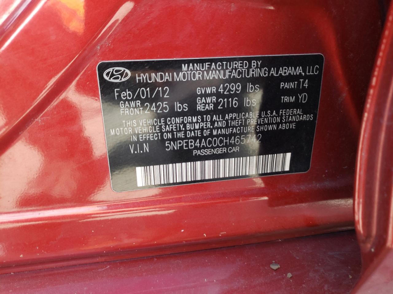 5NPEB4AC0CH465742 2012 Hyundai Sonata Gls