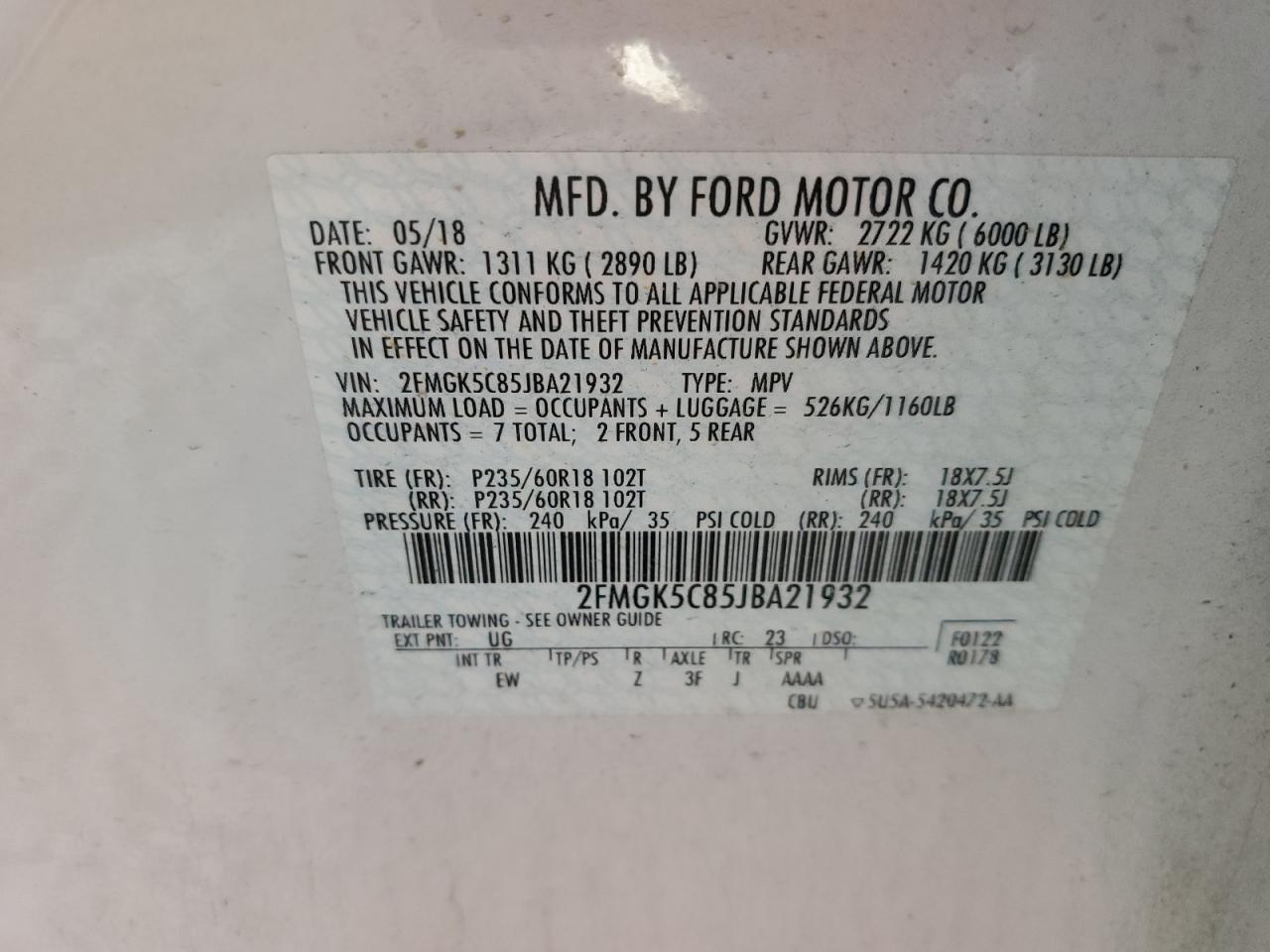 2FMGK5C85JBA21932 2018 Ford Flex Sel