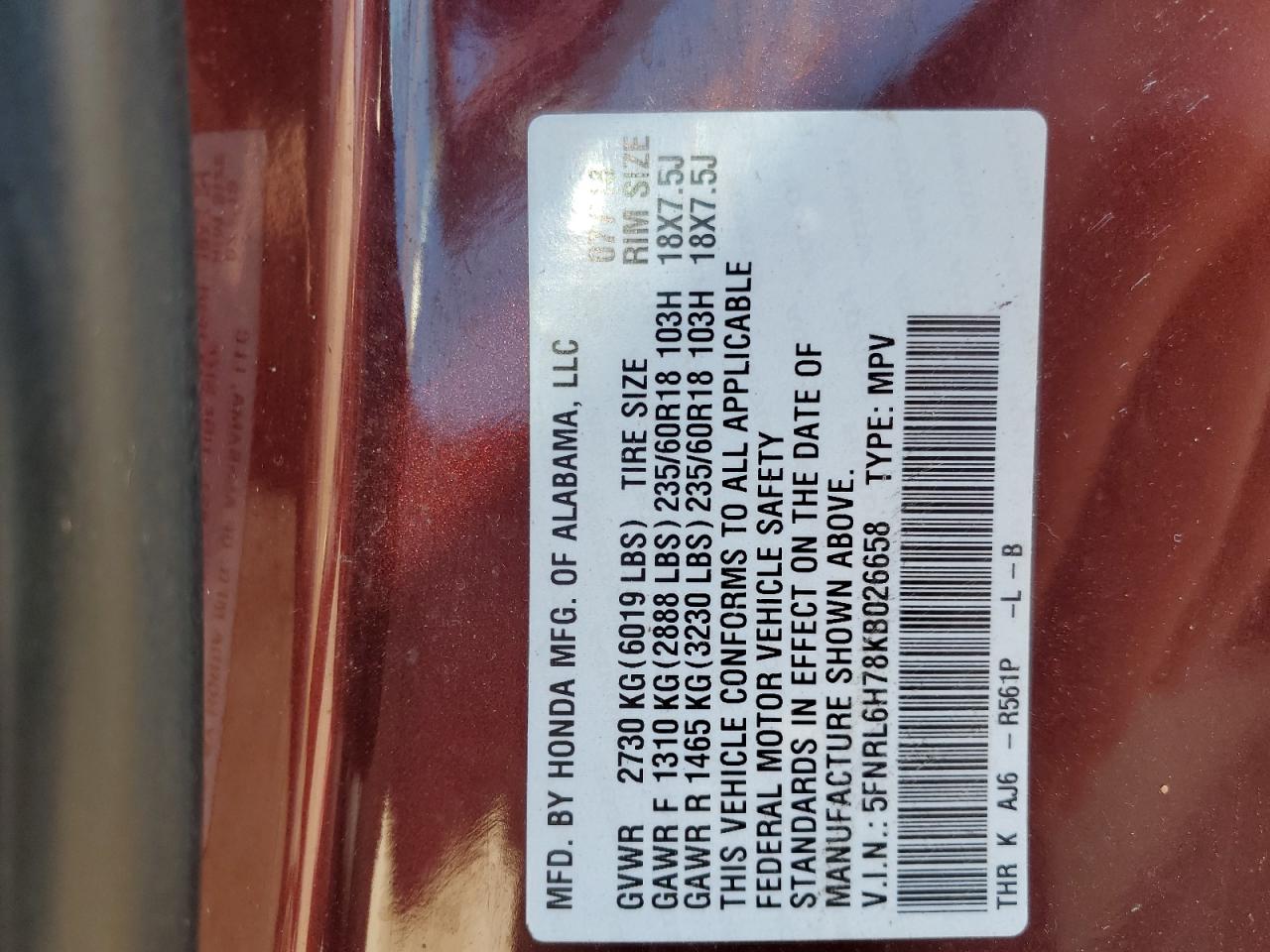 5FNRL6H78KB026658 HONDA All Models 2019