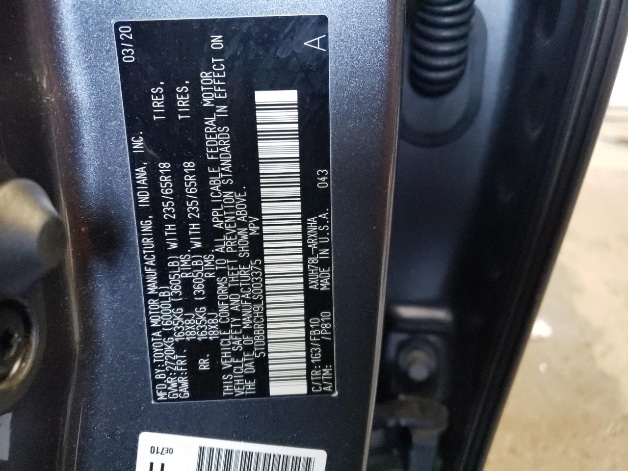 5TDBBRCH9LS003375 2020 Toyota Highlander Hybrid Le