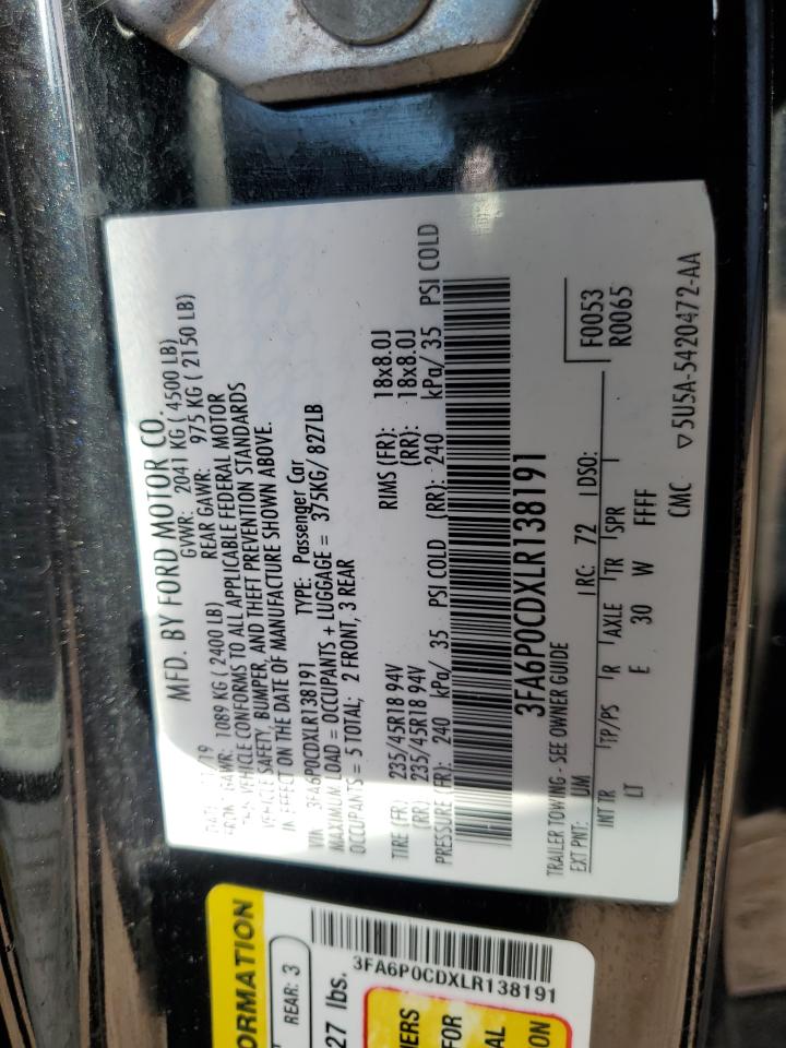 3FA6P0CDXLR138191 FORD FUSION 2020