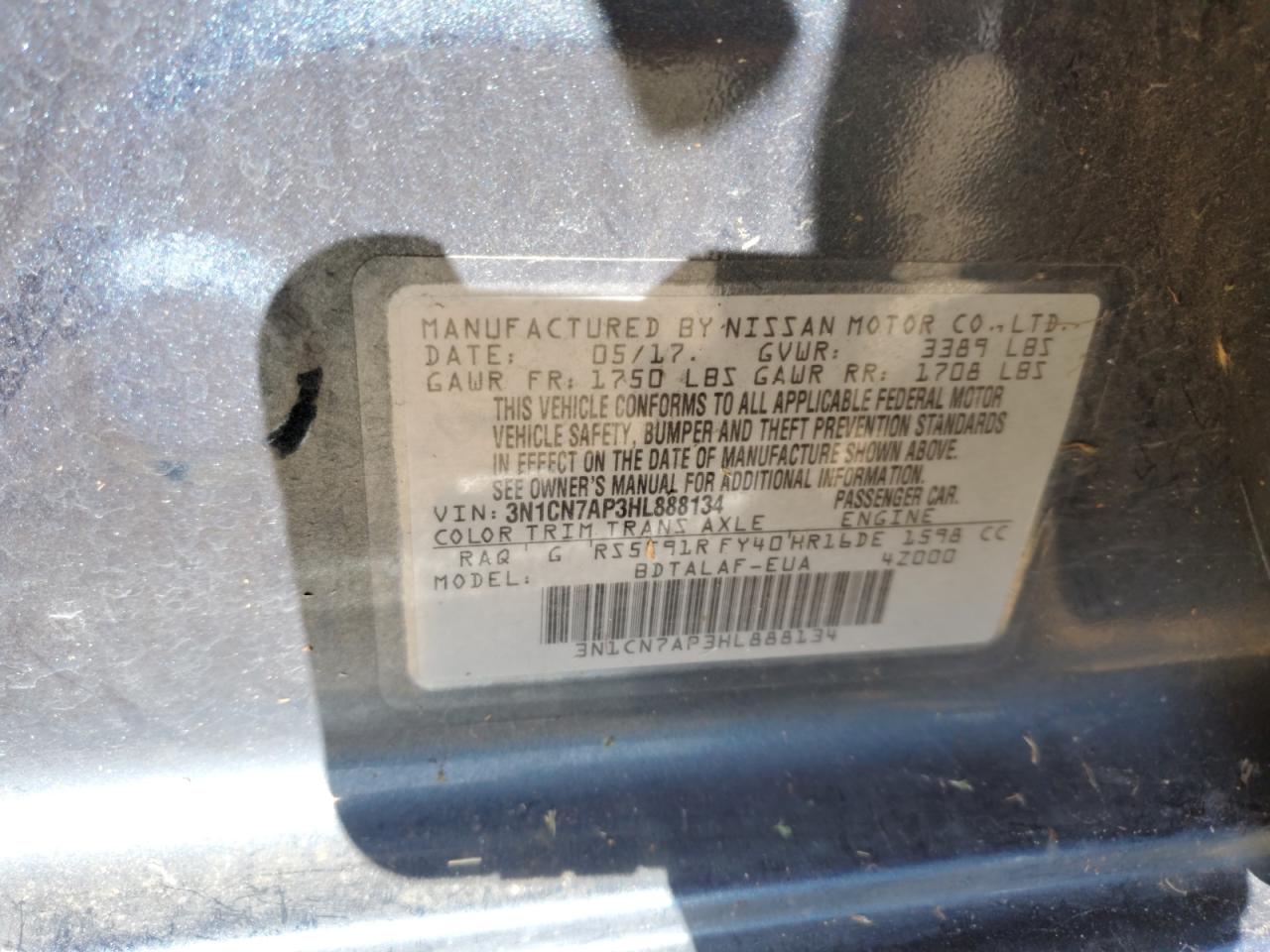 3N1CN7AP3HL888134 2017 Nissan Versa S