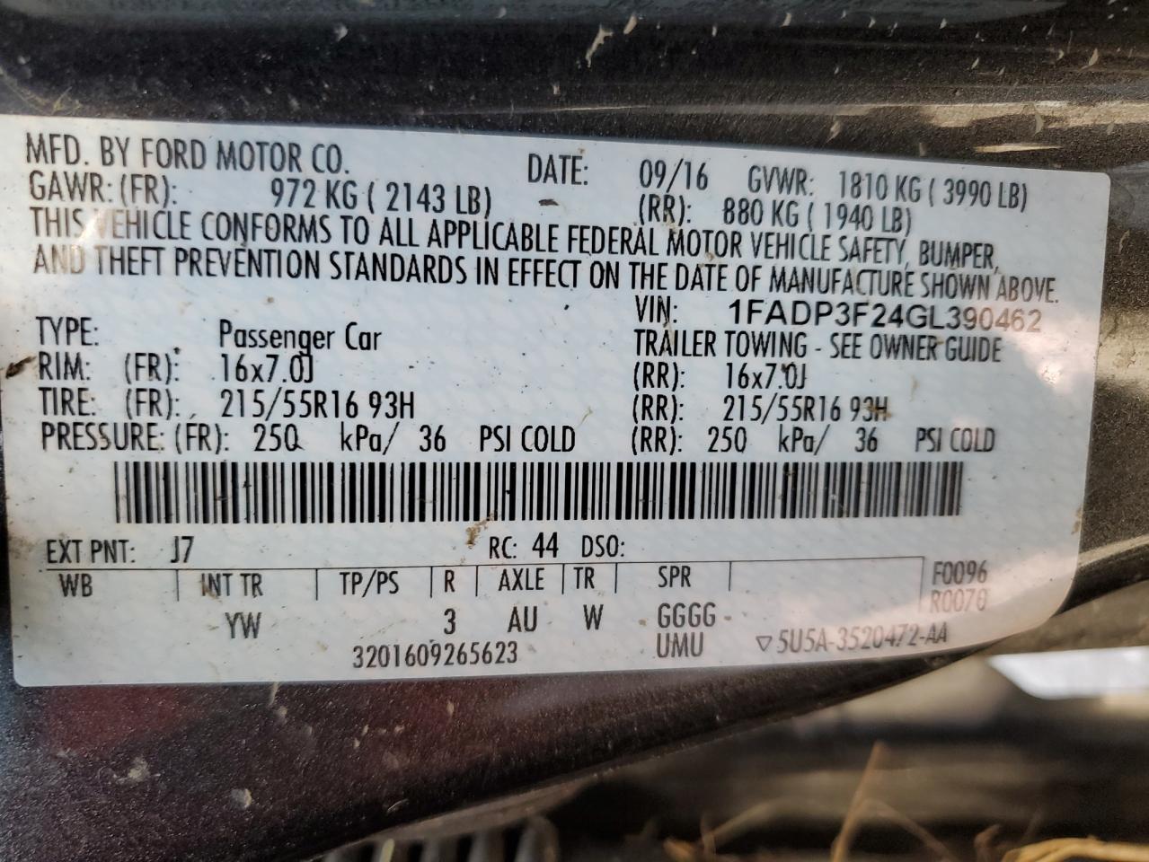 1FADP3F24GL390462 FORD FOCUS 2016