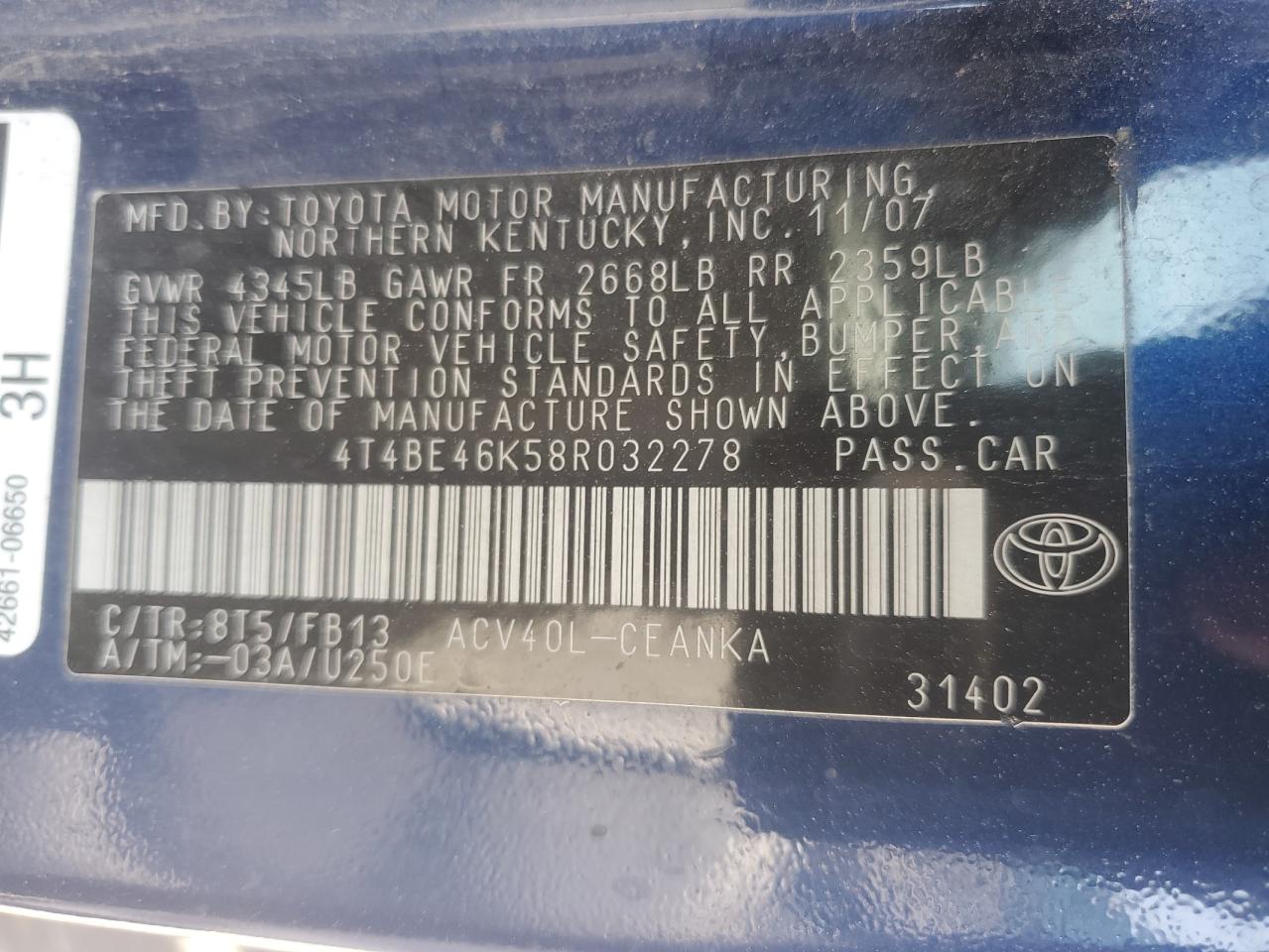 4T4BE46K58R032278 2008 Toyota Camry Ce