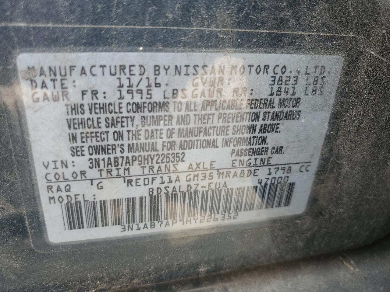 3N1AB7AP9HY226352 NISSAN SENTRA 2017