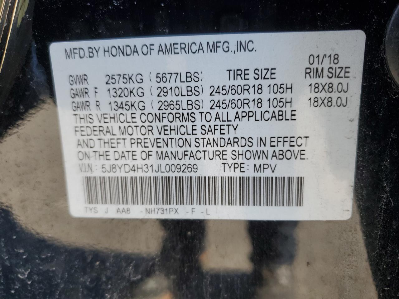 5J8YD4H31JL009269 2018 Acura Mdx