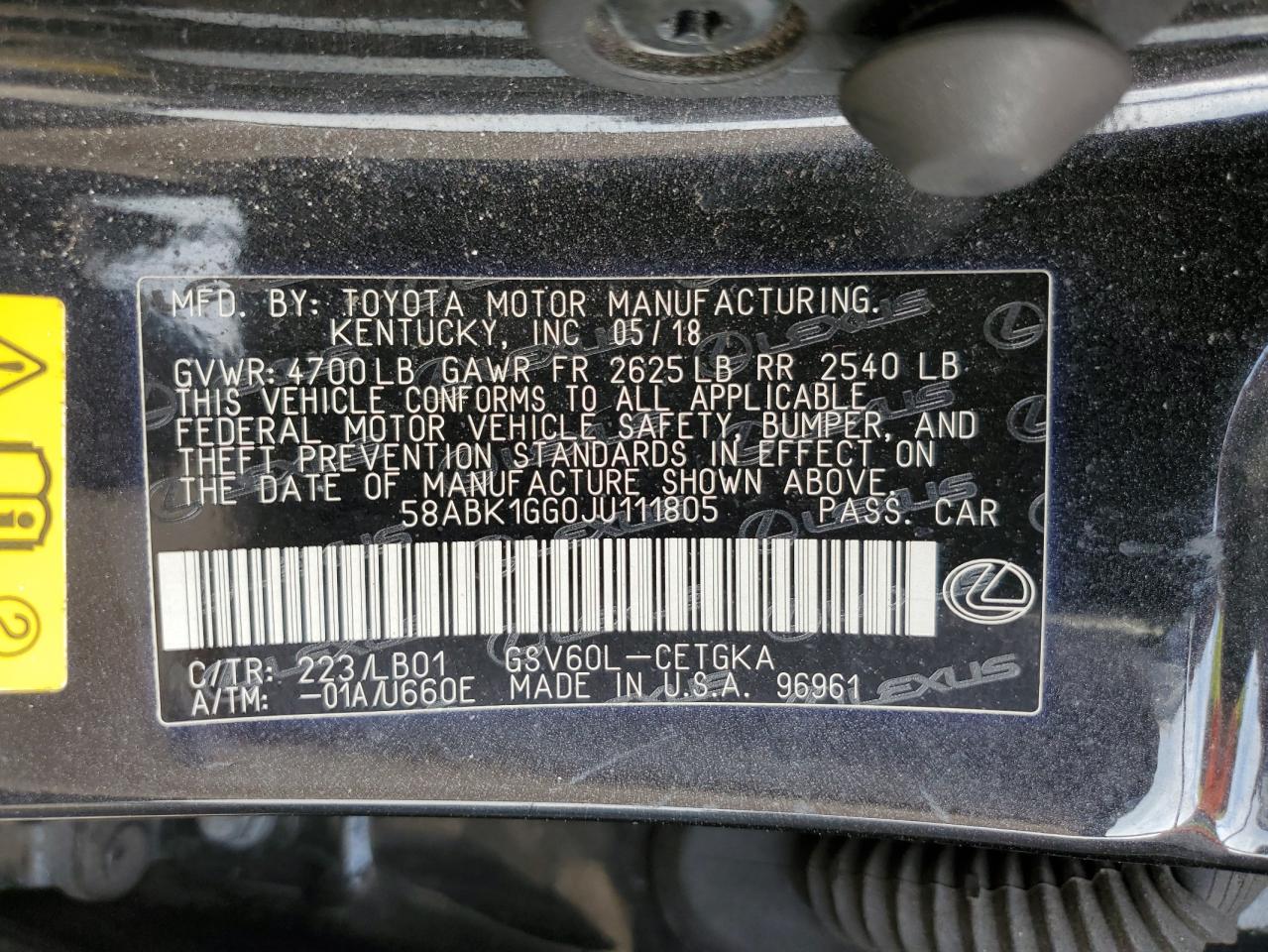 58ABK1GG0JU111805 2018 Lexus Es 350