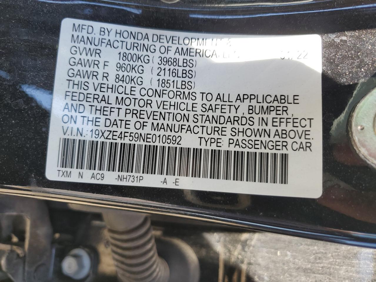 19XZE4F59NE010592 HONDA INSIGHT 2022