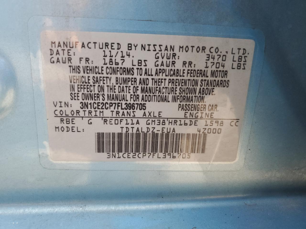 3N1CE2CP7FL396705 2015 Nissan Versa Note S