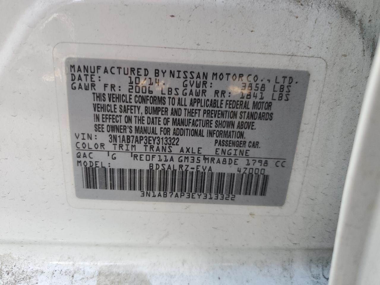 3N1AB7AP3EY313322 2014 Nissan Sentra S