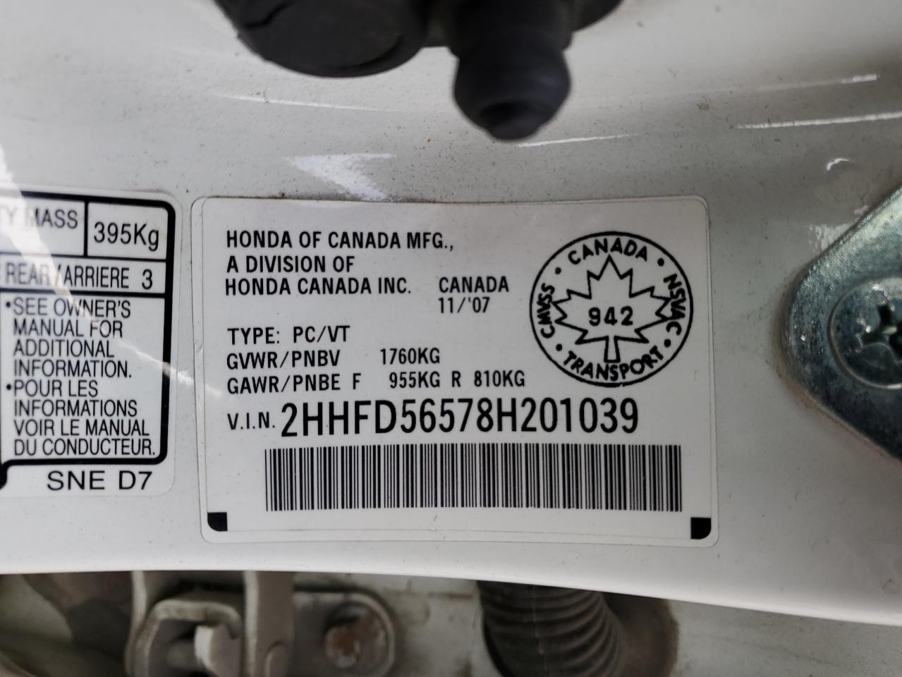 2HHFD56578H201039 2008 Acura Csx