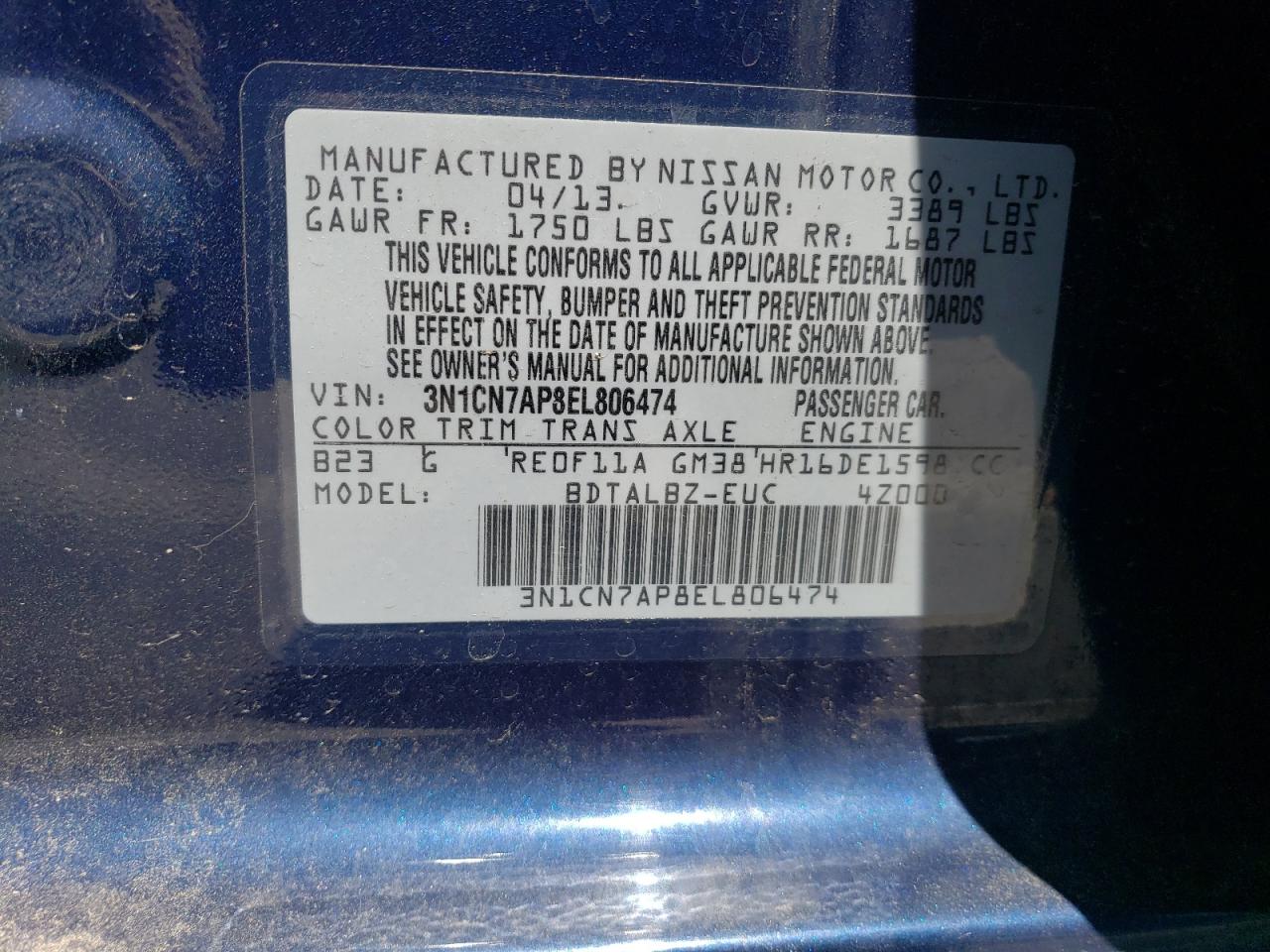 3N1CN7AP8EL806474 2014 Nissan Versa S