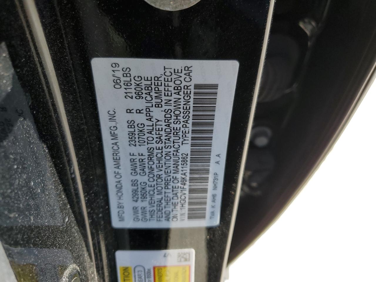 1HGCV1F46KA115862 HONDA ACCORD 2019