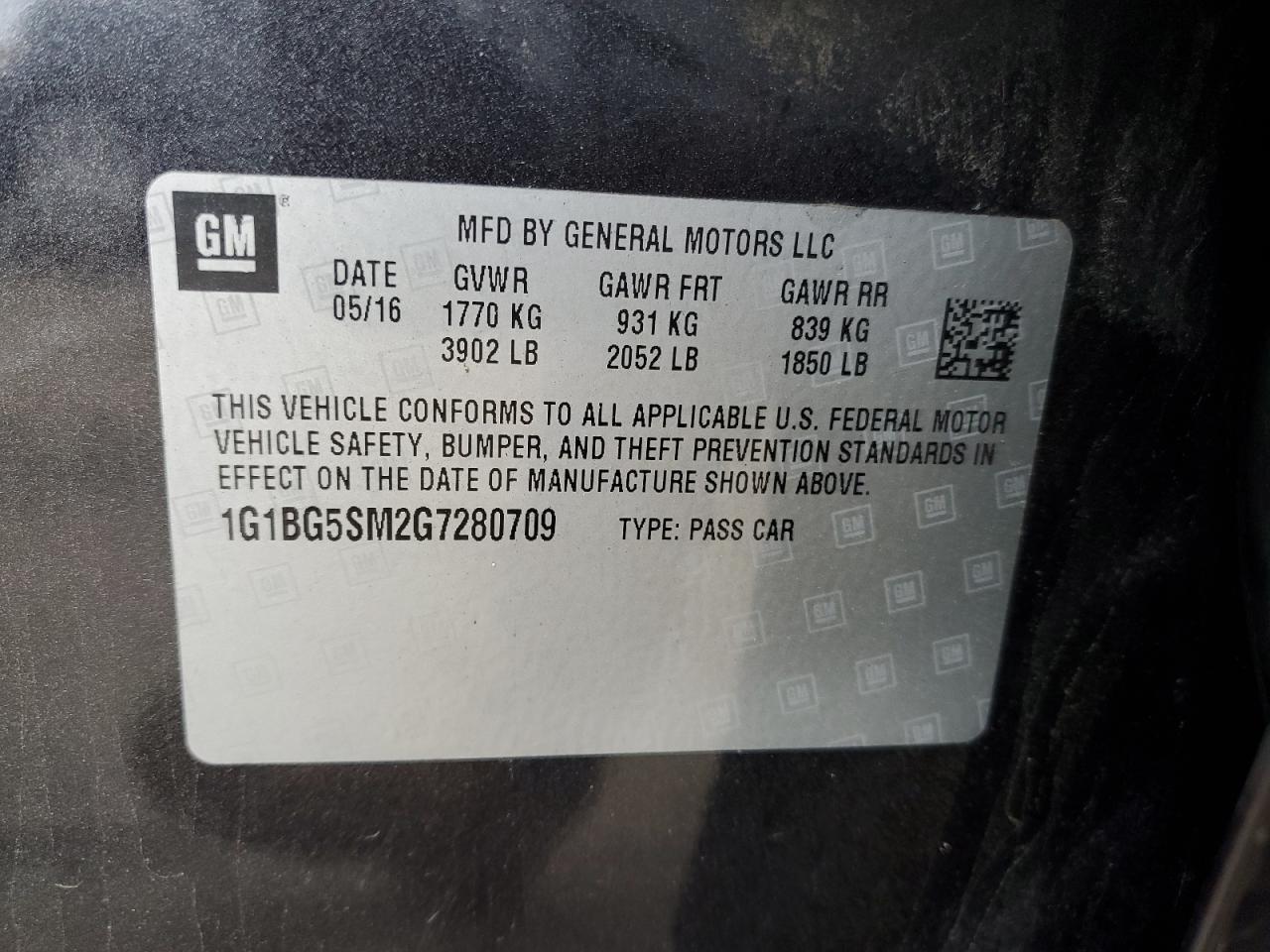 1G1BG5SM2G7280709 CHEVROLET CRUZE 2016