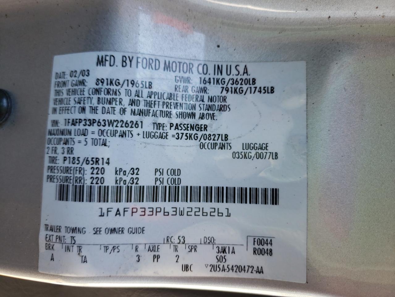 1FAFP33P63W226261 2003 Ford Focus Lx