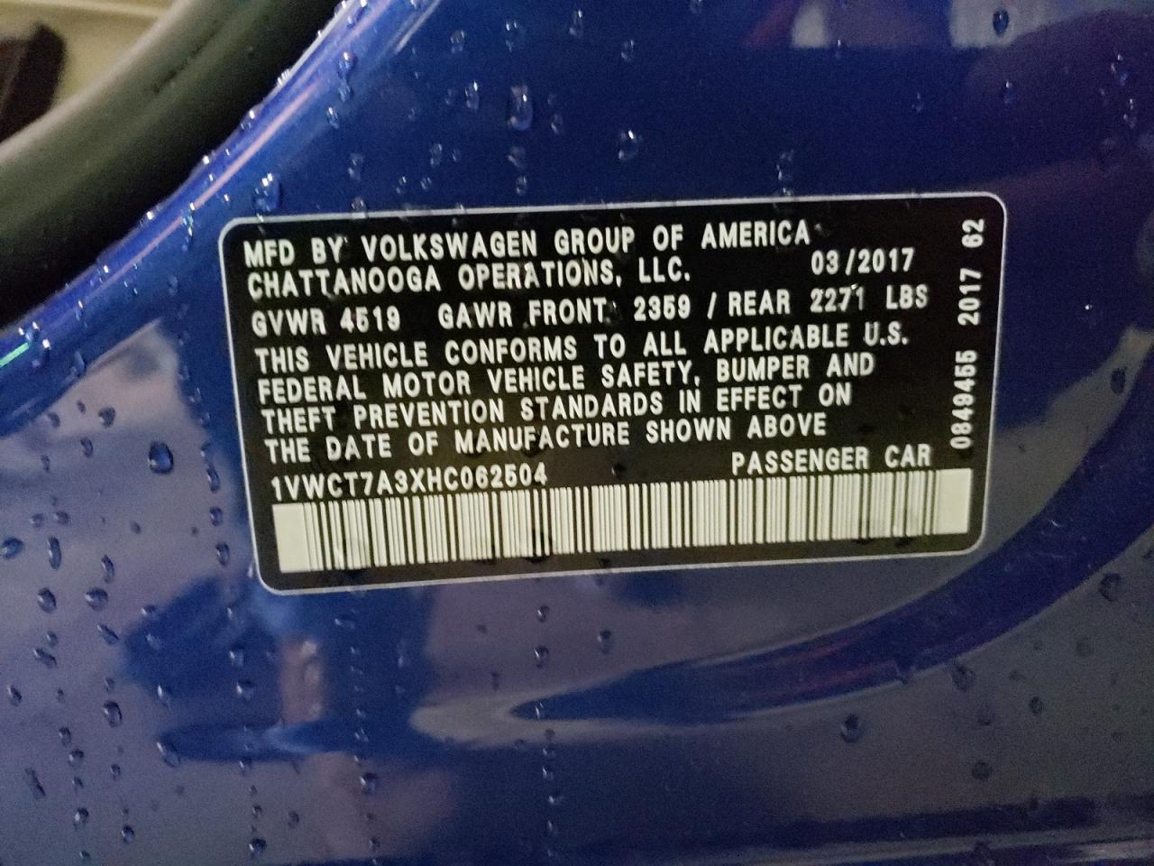 1VWCT7A3XHC062504 2017 Volkswagen Passat Sel Premium