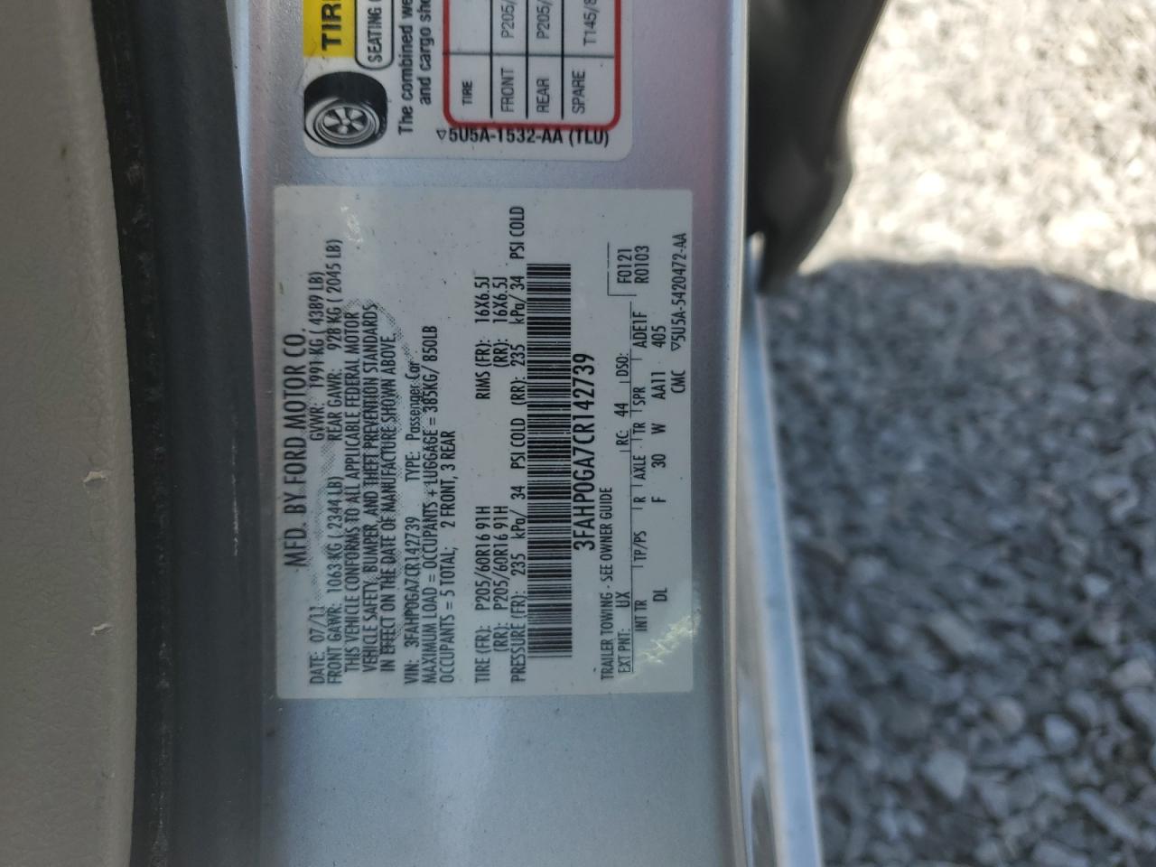 3FAHP0GA7CR142739 2012 Ford Fusion S