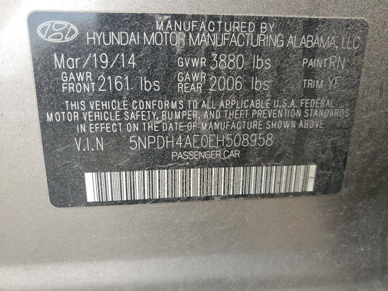 5NPDH4AE0EH508958 2014 Hyundai Elantra Se