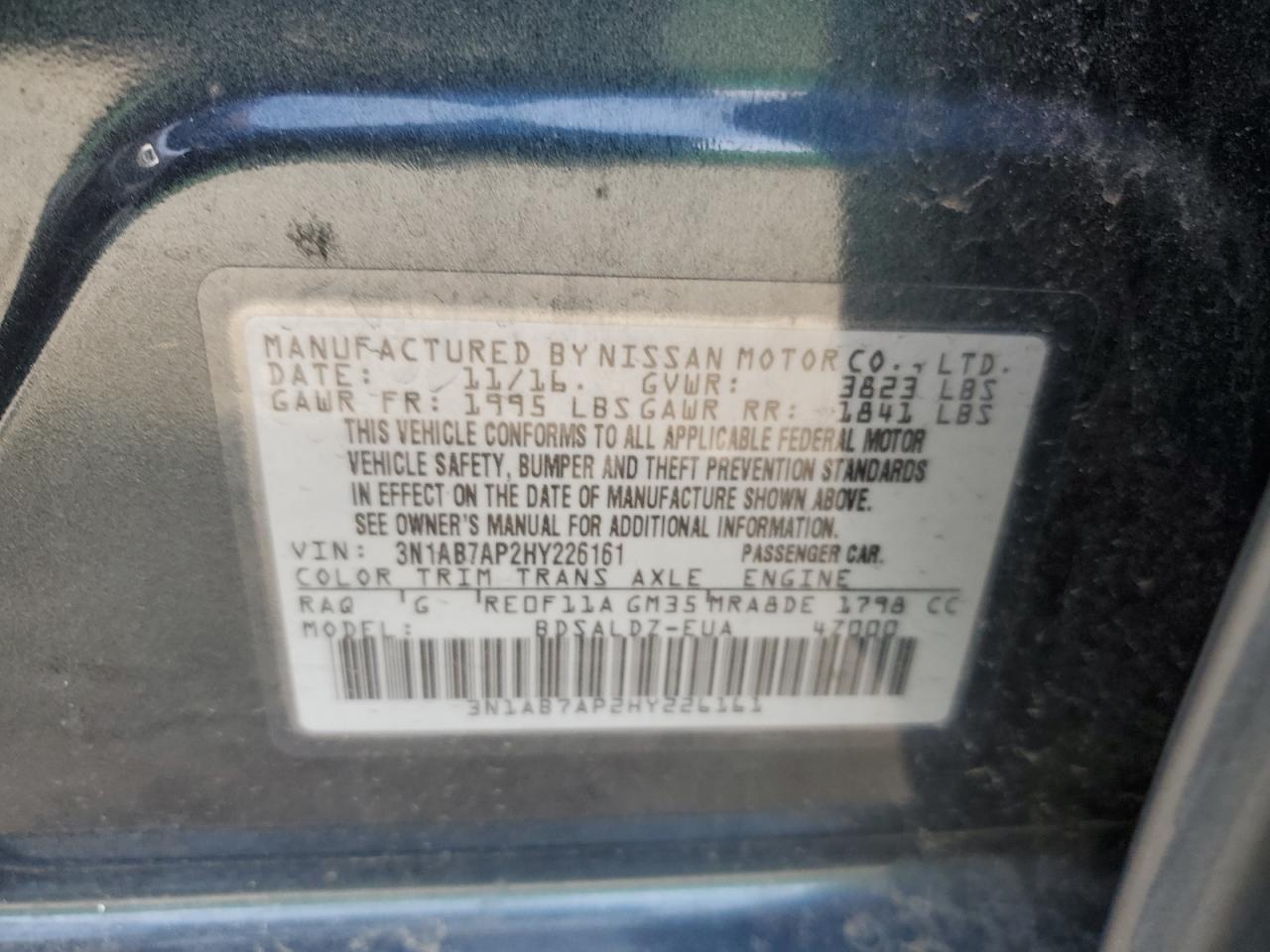 3N1AB7AP2HY226161 2017 Nissan Sentra S