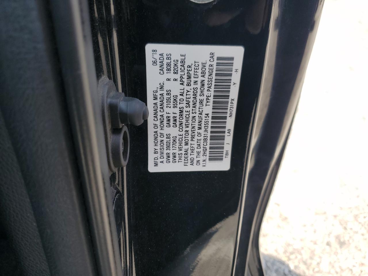 2HGFC3B31JH355154 2018 Honda Civic Ex