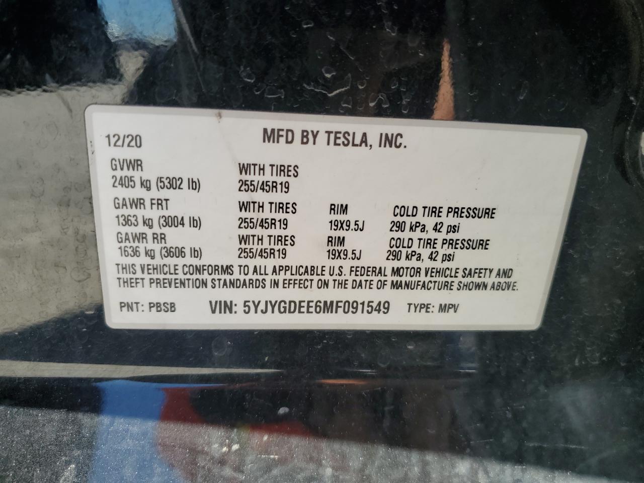 5YJYGDEE6MF091549 2021 Tesla Model Y