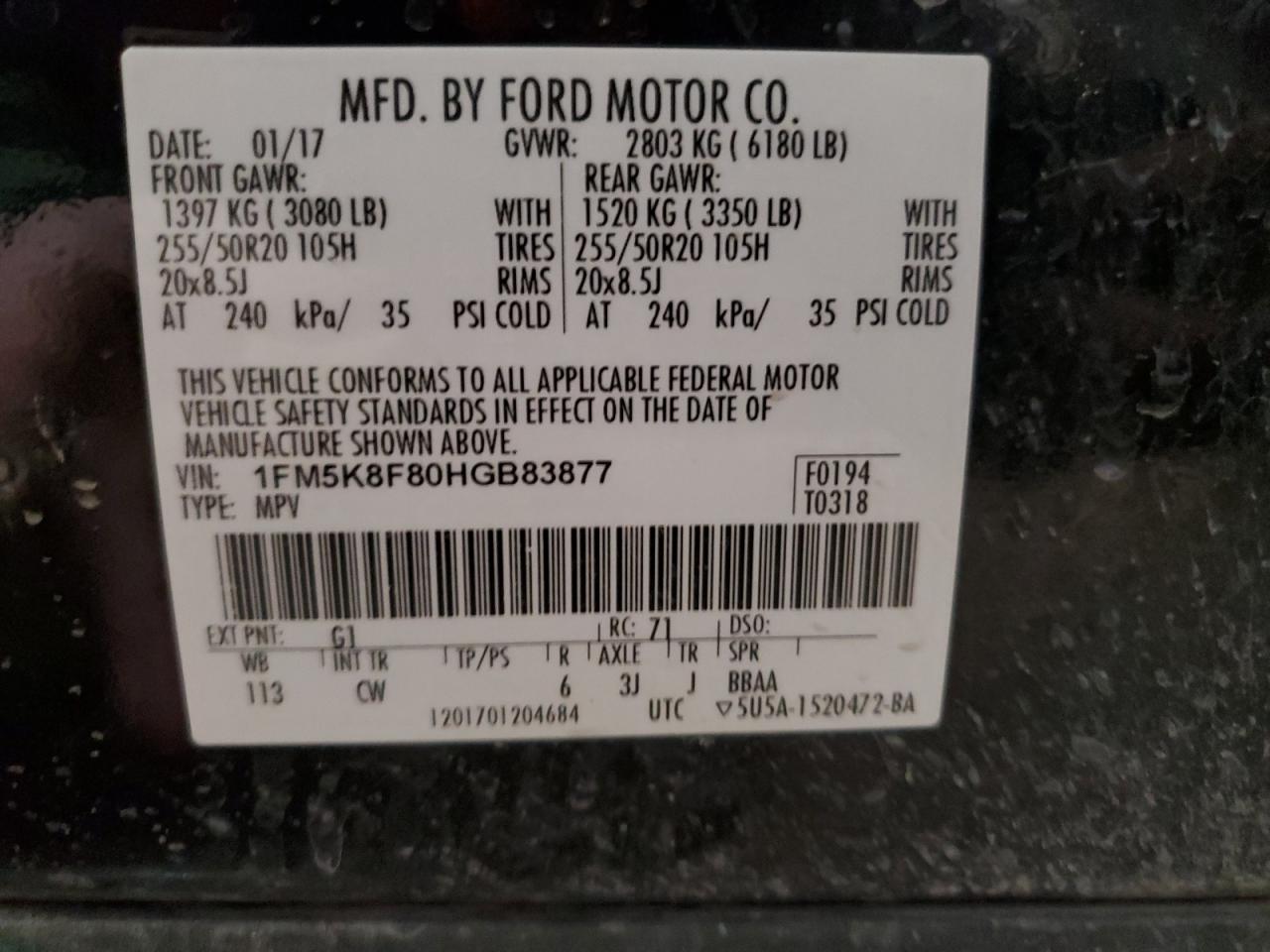 1FM5K8F80HGB83877 FORD EXPLORER 2017