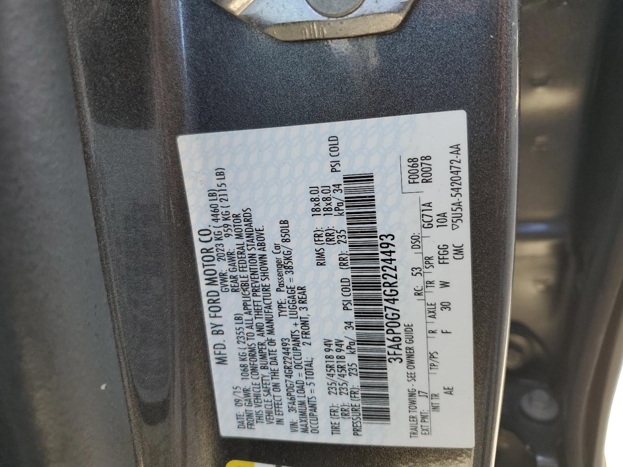 3FA6P0G74GR224493 FORD FUSION 2016