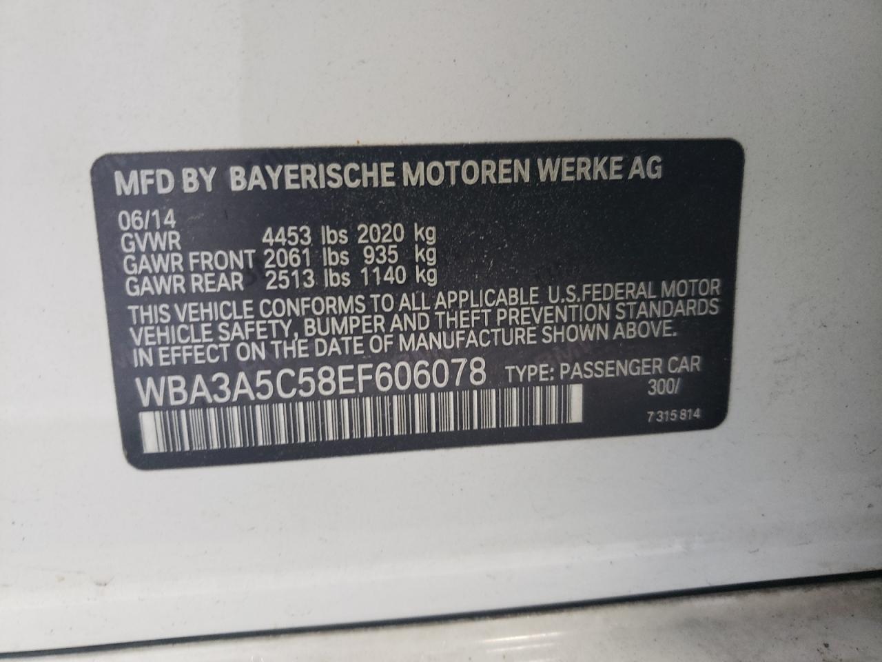 2014 BMW 328 I vin: WBA3A5C58EF606078