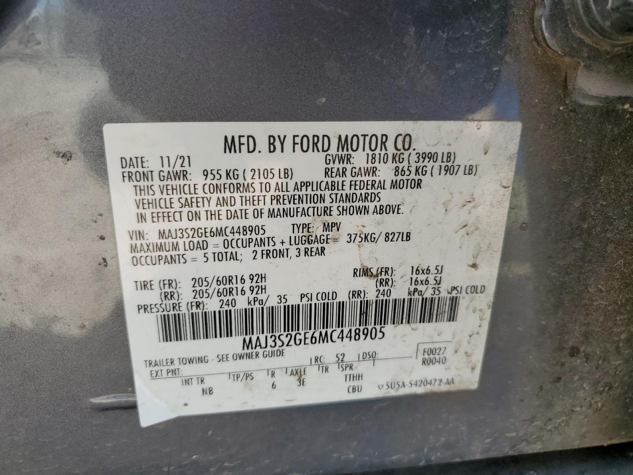 MAJ3S2GE6MC448905 2021 Ford Ecosport Se