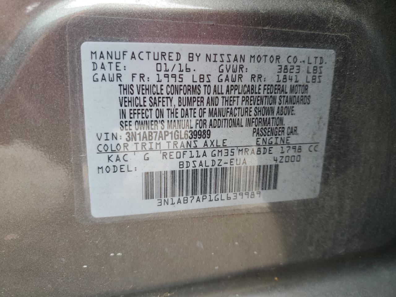 3N1AB7AP1GL639989 2016 Nissan Sentra S